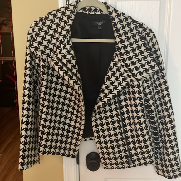 Talbots Jacket Womens 4 Petite White Houndstooth Wool Blend Moto Zip Asymmetric - Picture 3 of 5